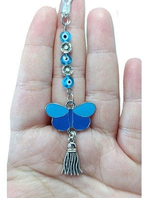 Biuti Nazar Boncuklu, Çiçek Detaylı Metal Lacivert Kelebek Araba Dikiz Ayna Süsü/püsküllü Araba Hediyesi