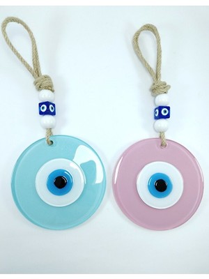 Ennea Art Toz Pembe ve Cam Göbeği Renkli Cam Nazar Boncuğu El Yapımı Ikili Set Duvar Dekoru Hediyelik Eşya