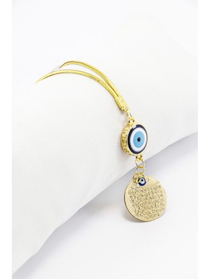 Biuti Desenli Çerçeve Nazar Gold Renkli Metal Ayetel Kürsi Araba Dikiz Ayna Süsü, Araba Hediyesi