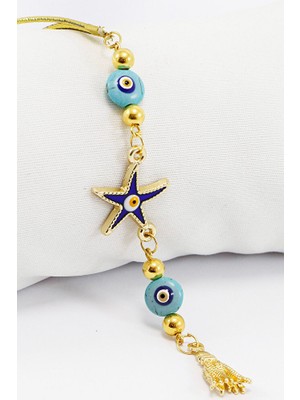 Biuti El Yapımı Cam Mineli Mavi Boncuklu Deniz Yıldızı Araba Dikiz Ayna Süsü, Püsküllü Araba Hediyesi