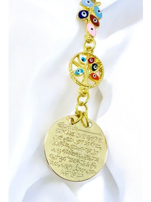 Biuti Renkli Salkım Nazar Boncuğu Yaşam Ağacı Metal Ayetel Kürsi Araba Dikiz Ayna Süsü, Gold Renkli