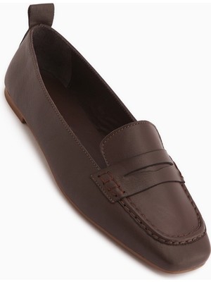 Limoya Novin Hakiki Deri Kahve Küt Burunlu Kadın Babet