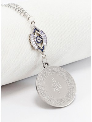 Biuti Parlak Taşlı Göz Figürlü Çelik Çift Taraflı Hat Ayetel Kürsi, Nazar Ayeti Araba Dikiz Ayna Süsü