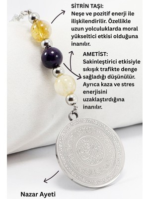 Biuti Çelik Ayetel Kürsi Nazar Ayeti Araba Dikiz Ayna Süsü, Doğal Taşlar: Ametist, Sitrin