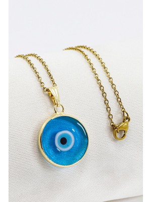 Biuti El Yapımı Çerçeveli Cam Nazar Boncuklu Çelik Zincirli Kolye (Zincir 60 Cm)