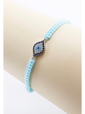 Biuti Açık Turkuaz Renkli Asansörlü Gümüş Elips Zirkon Taşlı Nazar Bileklik, Hediyelik Bileklik