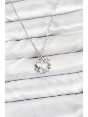 Prativas 316L Çelik Zincir Gümüş Renk Pembe Taş Detaylı Çelenk Model Kadın Kolye - PRT3500EB10212