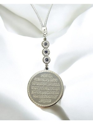 Biuti Üçlü Zirkon Taşlı Gümüş Renk Çelik Çift Taraflı Ayetel Kürsi Nazar Ayeti Araba Dikiz Ayna Süsü