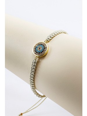 Biuti Bej Renkli Asansörlü Gold Zirkon Taşlı Nazar Bileklik, Hediyelik Bileklik