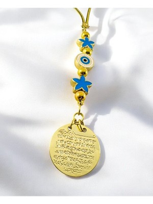 Biuti Mavi Lotus Çiçeği Nazar Boncuğu Metal Ayetel Kürsi Altın Renkli Araba Dikiz Ayna Süsü