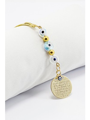 Biuti Çift Renkli Yassı Nazar Boncuklu Metal Ayetel Kürsi Dualı Dikiz Ayna Süsü, Yeni Araba Hediyesi