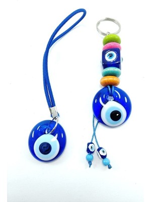 Ennea Art Araba Dikiz Ayna Süsü Nazar Boncuğu Zar Anahtarlık Ikili Set El Yapımı Hediyelik Eşya Seti