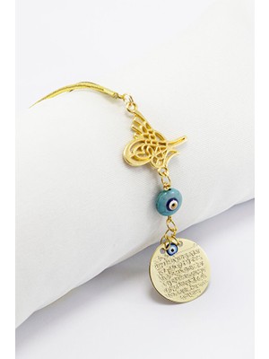 Biuti Osmanlı Tuğrası Mavi Nazar Boncuklu Küçük Metal Ayetel Kürsi Araba Dikiz Ayna Süsü Gold Renkli