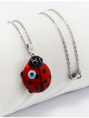 Biuti Kırmızı Sevimli Cam Uğur Böceği Paslanmaz Çelik Zincirli Bijuteri Kolye, Hediyelik Kolye