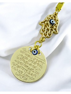 Biuti Nazar Boncuklu Ajurlu Hamse Fatma Ana Eli Metal Ayetel Kürsi Araba Dikiz Ayna Süsü, Gold Renkli