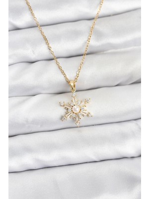 Prativas 316L Çelik Zincir Gold Renk Kar Tanesi Model Zirkon Taşlı Kadın Kolye - PRT3500EB10175