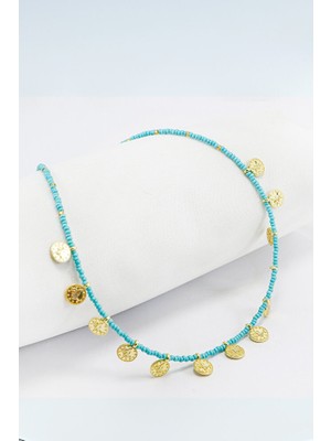 Biuti Turkuaz Kum Boncuklu Gold Tuğra Figürlü Bijuteri Kolye, Hediyelik Kolye