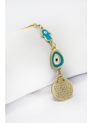 Biuti Mavi Hamse Eli Nazarlı Metal Ayetel Kürsi Araba Dikiz Ayna Süsü, Gold Renkli