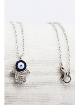 Biuti Gümüş Renkli Parlak Taşlı Hamse Lak Kaplama Bijuteri Kolye (Zincir 45 Cm)