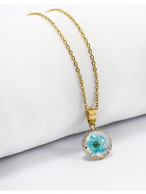 Biuti Kurutulmuş Turkuaz Gerçek Çiçek Bijuteri Kolye, Hediyelik Kolye