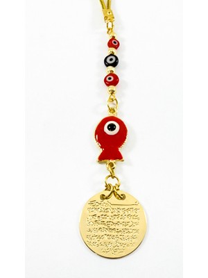 Biuti Küçük Nazar Boncuklu Metal Balık Ayetel Kürsi Araba Dikiz Ayna Süsü, Gold Renkli