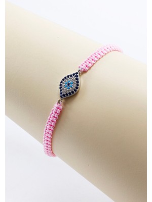 Biuti Toz Pembe Asansörlü Gümüş Elips Zirkon Taşlı Nazar Bileklik, Hediyelik Bileklik