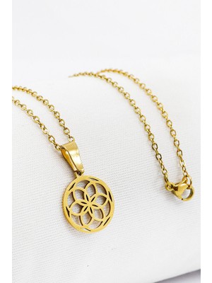 Biuti Paslanmaz Çelik Gold Renkli Lotus Çiçeği Çelik Kolye , Hediyelik Kolye (60 Cm)