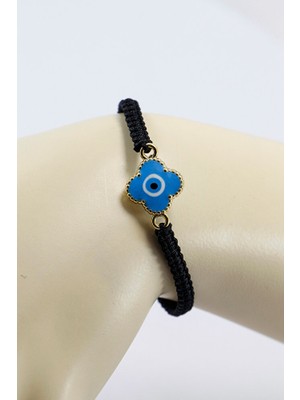 Biuti Metal Mavi El Yapımı Mineli Yonca Nazar Boncuğu Ayarlanabilir Asansörlü Bileklik