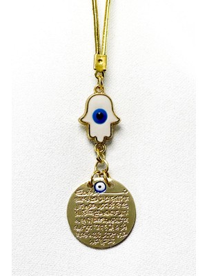 Biuti Beyaz Hamse Detaylı Gold Renkli Metal Ayetel Kürsi Araba Dikiz Ayna Süsü, Yeni Araba Hediyesi