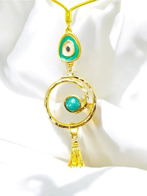 Biuti Turkuaz Nazar Boncuk Detaylı Gold Girdap Araba Dikiz Ayna Süsü/püsküllü Yeni Araba Hediyesi