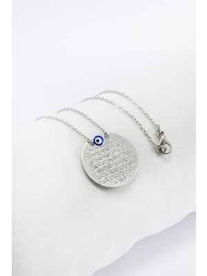 Biuti Mineli Nazar Metal Ayetel Kürsi Dualı Lak Kaplama Bijuteri Kolye (Zincir 45 Cm), Gümüş Renkli