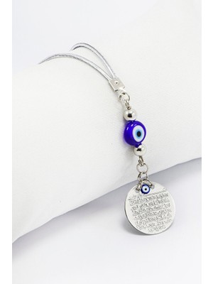 Biuti El Yapımı Yassı Cam Nazar Boncuklu Gümüş Renkli Metal Ayetel Kürsi Araç Dikiz Ayna Süsü