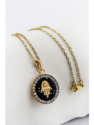 Biuti Parlak Taşlı Hamse Eli Figürlü Paslanmaz Çelik Kolye (60 Cm)