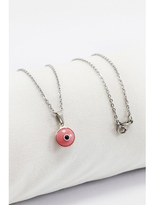 Biuti Çerçeveli Pembe Nazar Boncuklu Bijuteri Kolye (Çelik Zincir 60 Cm), Gümüş Renkli