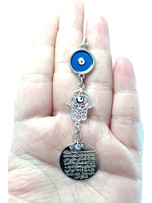 Biuti Mineli Nazar Boncuğu ve Hamse Detaylı Metal Ayetel Kürsi Araba Dikiz Ayna Süsü, Yeni Araba Hediyesi