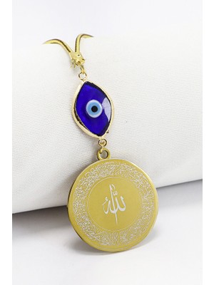 Biuti Lacivert Nazarlı Gold Çelik Allah Lafzı Ayetel Kürsi Felak Nas Ihlas Dikiz Ayna Süsü (3,5)