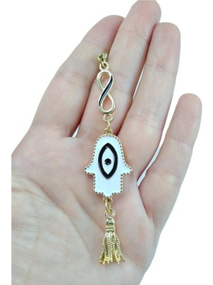 Biuti Siyah Beyaz Fatma Ana Eli Nazar Boncuğu Dikiz Ayna Süsü, Beyaz Hamse Yeni Araba Hediyesi