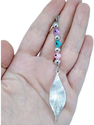 Biuti Metal Yapraklı Cam Nazar Boncuğu Araba Dikiz Ayna Süsü Metal Yaprak, Gümüş Renkli Lüks.