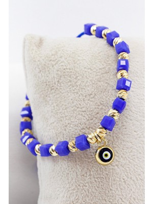 Biuti Lacivert Renkli Kare Boncuklu Asansörlü Nazar Boncuklu Bileklik, Hediyelik Bileklik