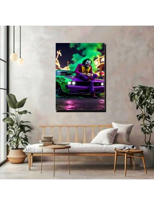 Artprinta Joker Konseptli Neon Araba Kanvas Tablo – Pop Art & Sinematik Duvar Dekor