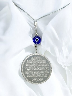 Biuti Yassı Nazar Boncuklu Gümüş Renk Çelik Çift Taraflı Ayetel Kürsi/ Nazar Ayeti Araba Dikiz Ayna Süsü