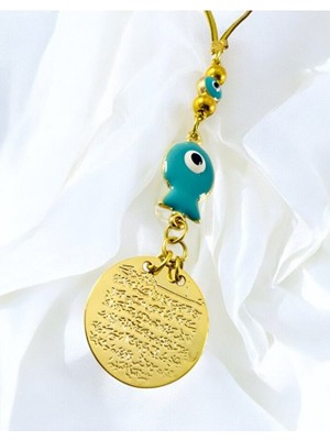 Biuti Turkuaz Balık Nazar Boncuğu Metal Ayetel Kürsi Altın Renkli Araba Dikiz Ayna Süsü