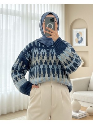 Moda Morfo Karışık Desenli Yuvarlak Yaka Örme Triko Kazak -İndigo