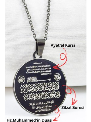 Biuti Deprem Ayet ve Duaları Çelik Çift Taraflı Kolye, Ayetel Kürsi Zilzal Tevbe