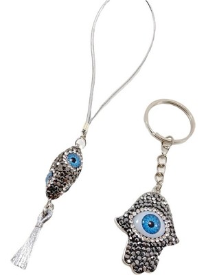 Biuti Taşlı Nazar Boncuğu Dikiz Ayna Süsü + Taşlı Fatma Ana Eli Metal Anahtarlık Hediyelik Set