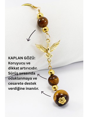 Biuti Doğal Taşlı Metal Uçan Kuş Araba Dikiz Ayna Süsü, Kaplan Gözü Taşlı Araba Hediyesi