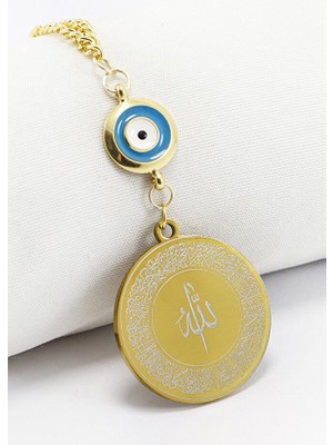 Biuti Turkuaz Nazar Boncuklu Gold Çelik Allah Lafzı Ayetel Kürsi Felak Nas Ihlas Dikiz Ayna Süsü (3,5)