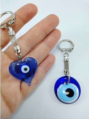 Ennea Art Kalp Cam Nazar Boncuğu Anahtarlık+ Sade Anahtarlık/araba Dikiz Ayna Süsü El Yapımı Hediyelik Set