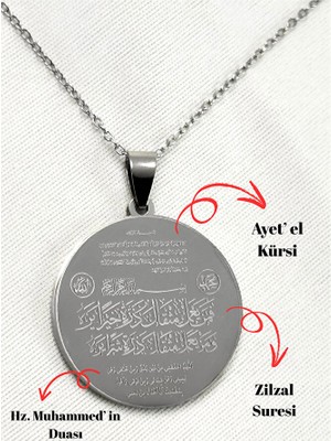 Biuti Gümüş Renk Deprem Ayet ve Duaları Çelik Çift Taraflı Kolye, Ayetel Kürsi Zilzal Tevbe