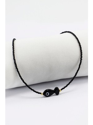 Biuti El Yapımı Cam Siyah Balık Boncuklu Siyah Bijuteri Kolye, Fatma Ana Eli Hediyelik Kolye